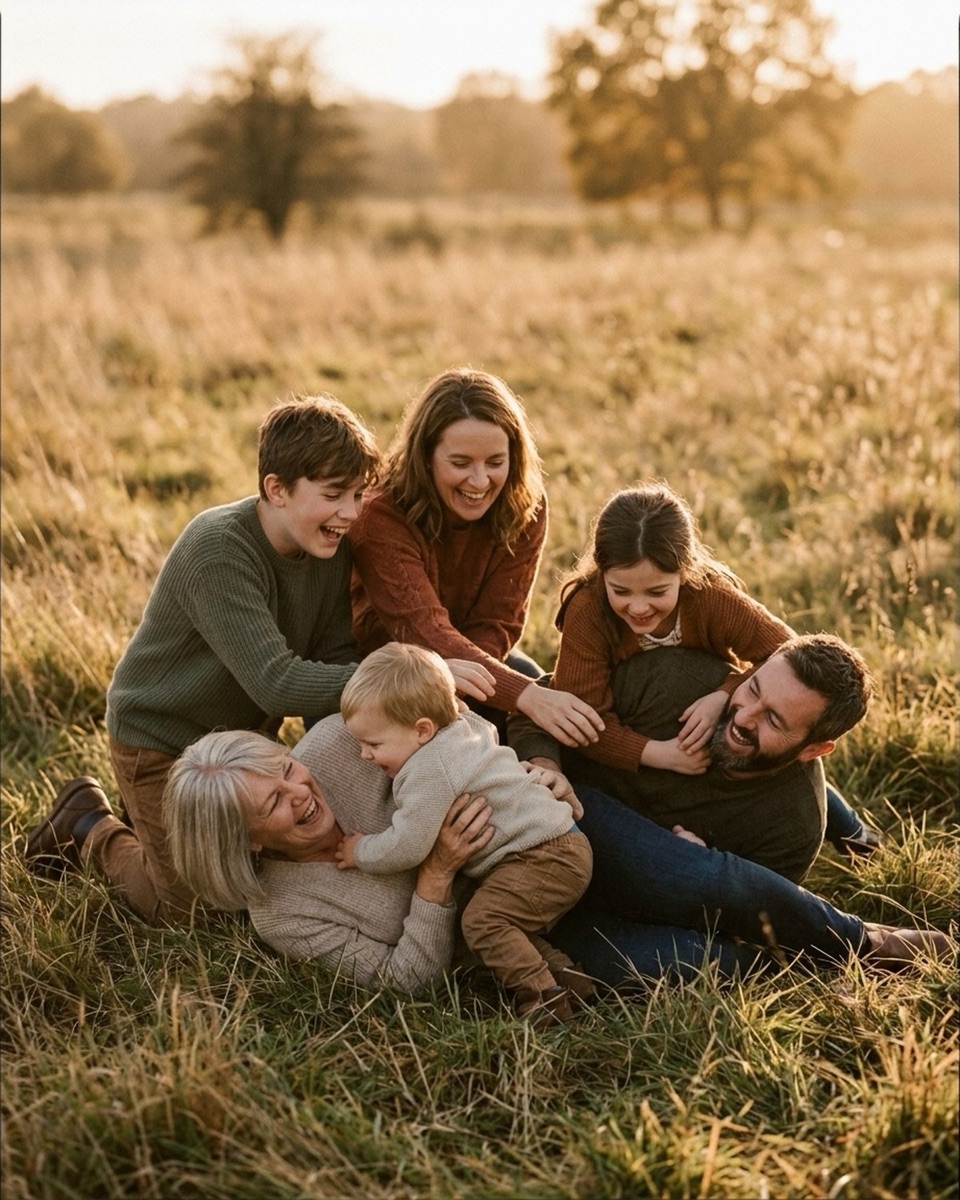 Kids in a laughing tickle pile on the floor with parents