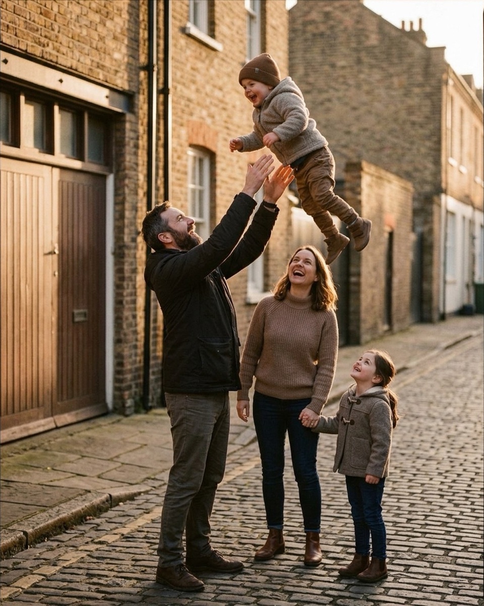 Father tossing a toddler into the air on a cobblestone street while mother and daughter look up laughing