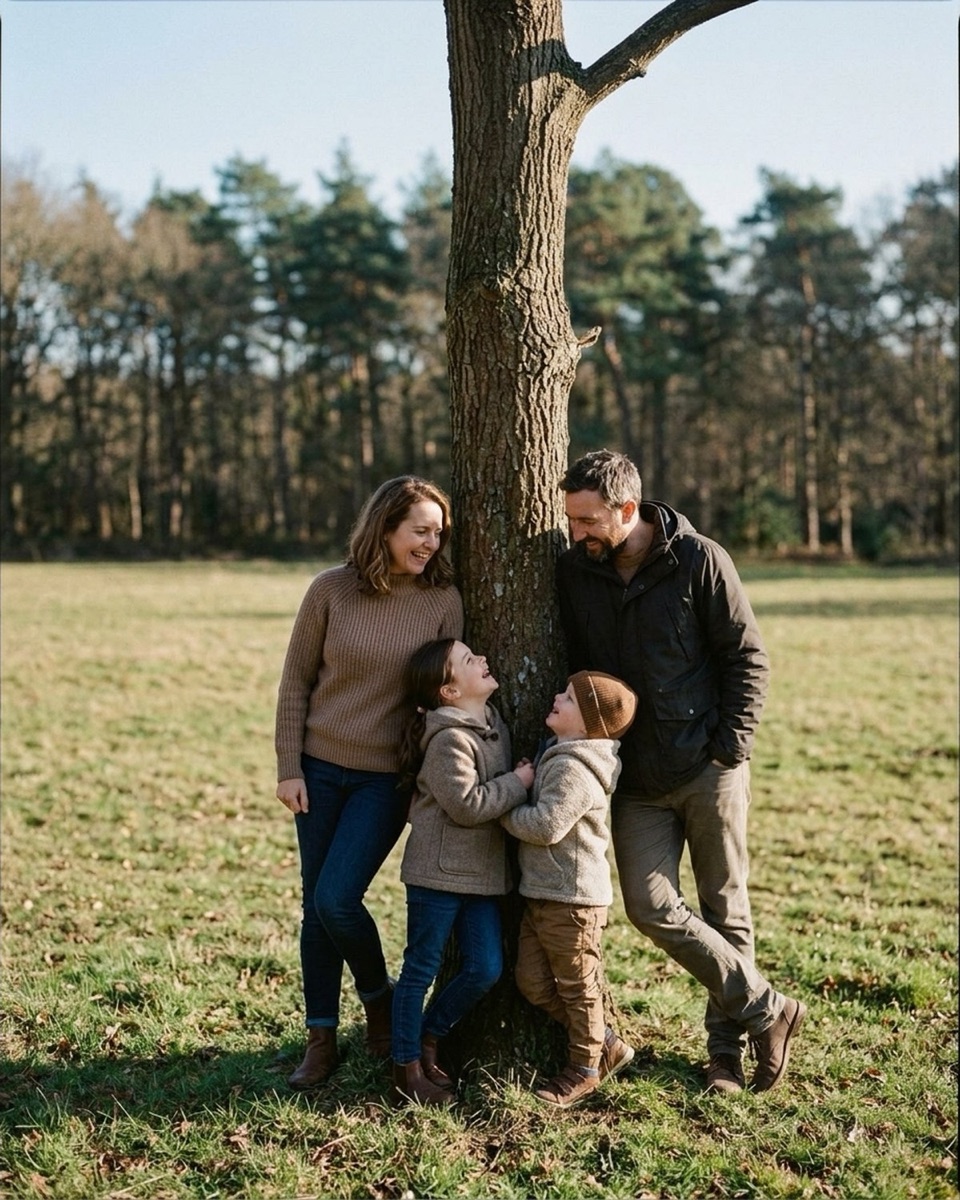 Family of four gathered around a single tree trunk in an open field under soft overcast light