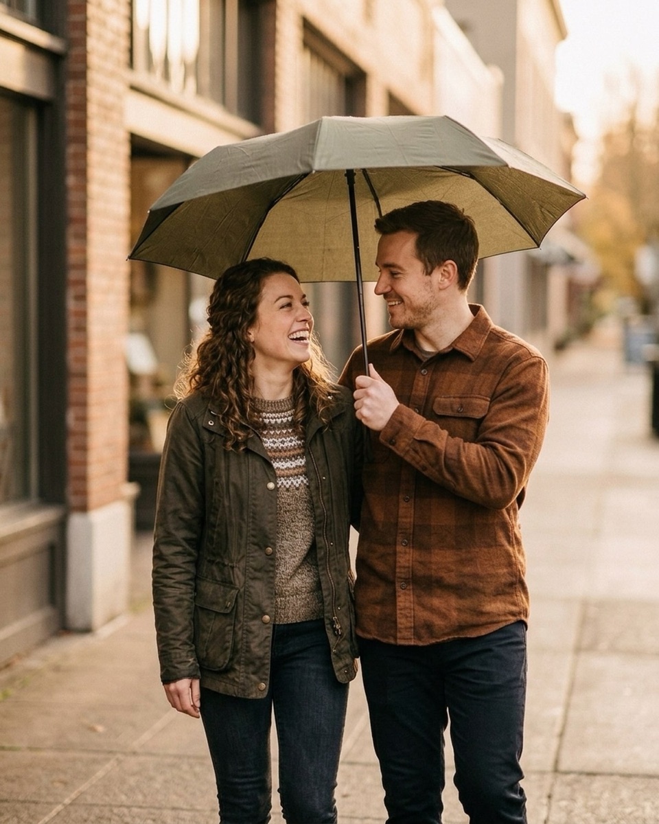 Couple backlit under a shared umbrella, sun as a rim light behind them