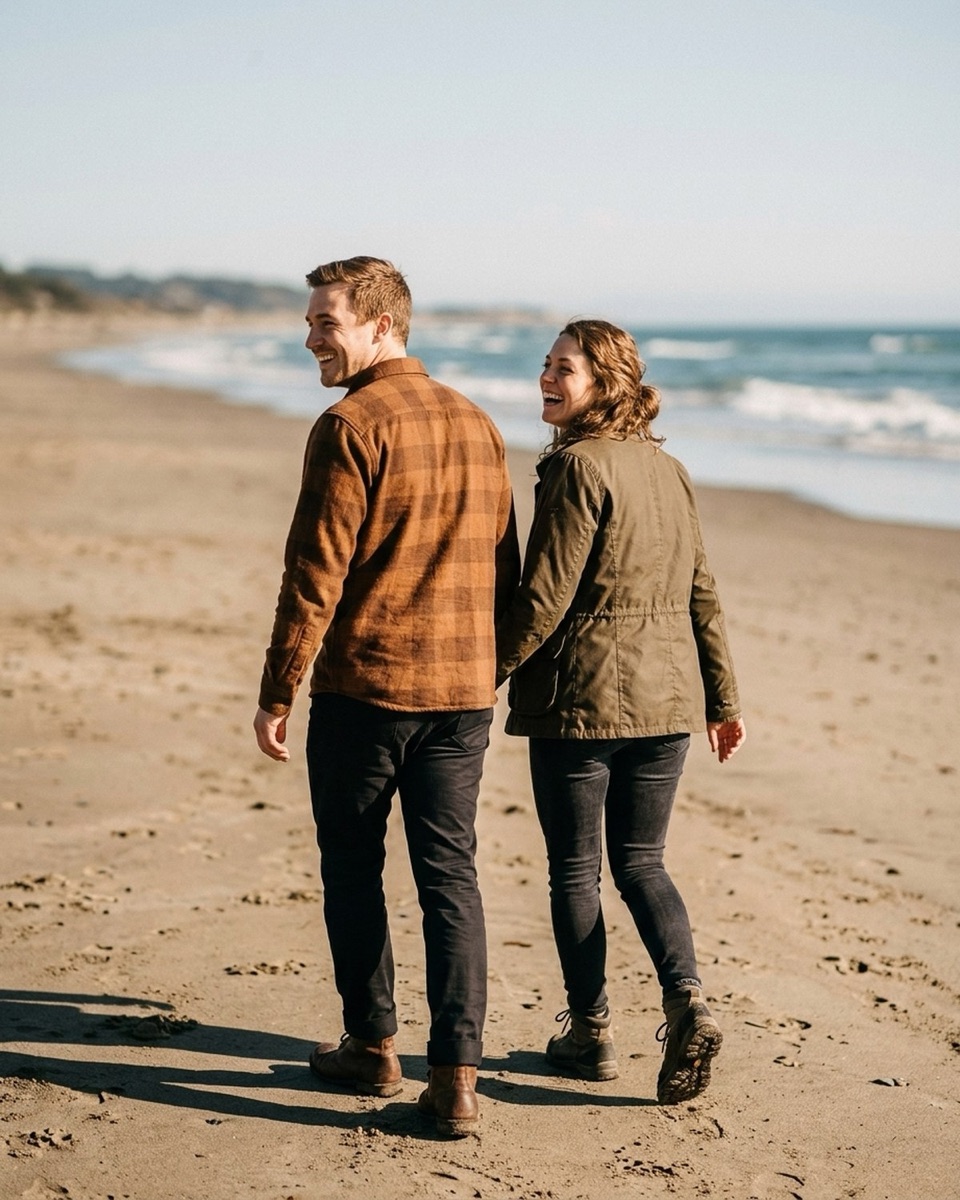 Engaged couple walking away down the beach and looking back over their shoulders