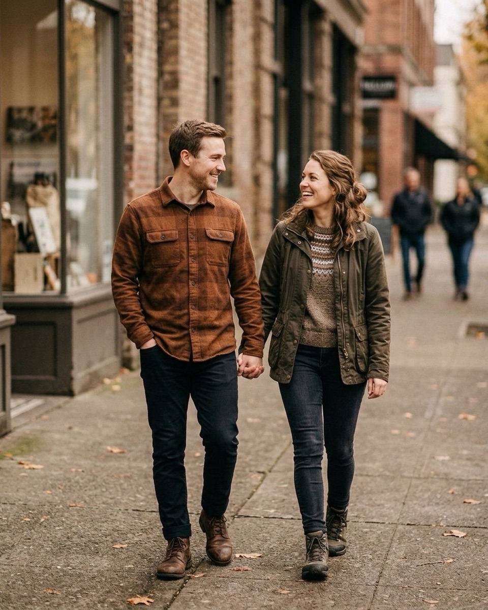 Engaged couple walking hand in hand toward the camera on a city sidewalk