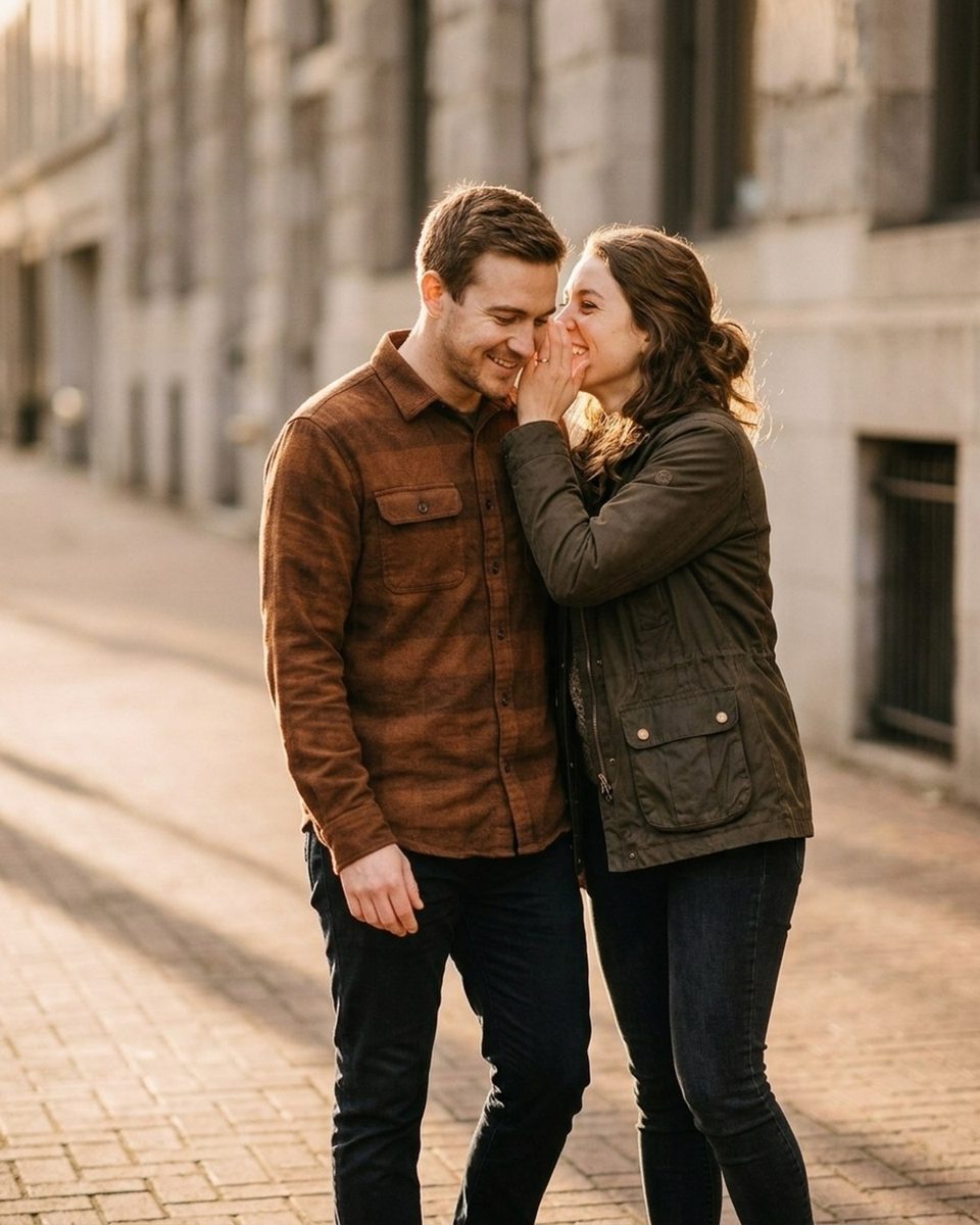 One partner leaning in to whisper into the other's ear on a city street