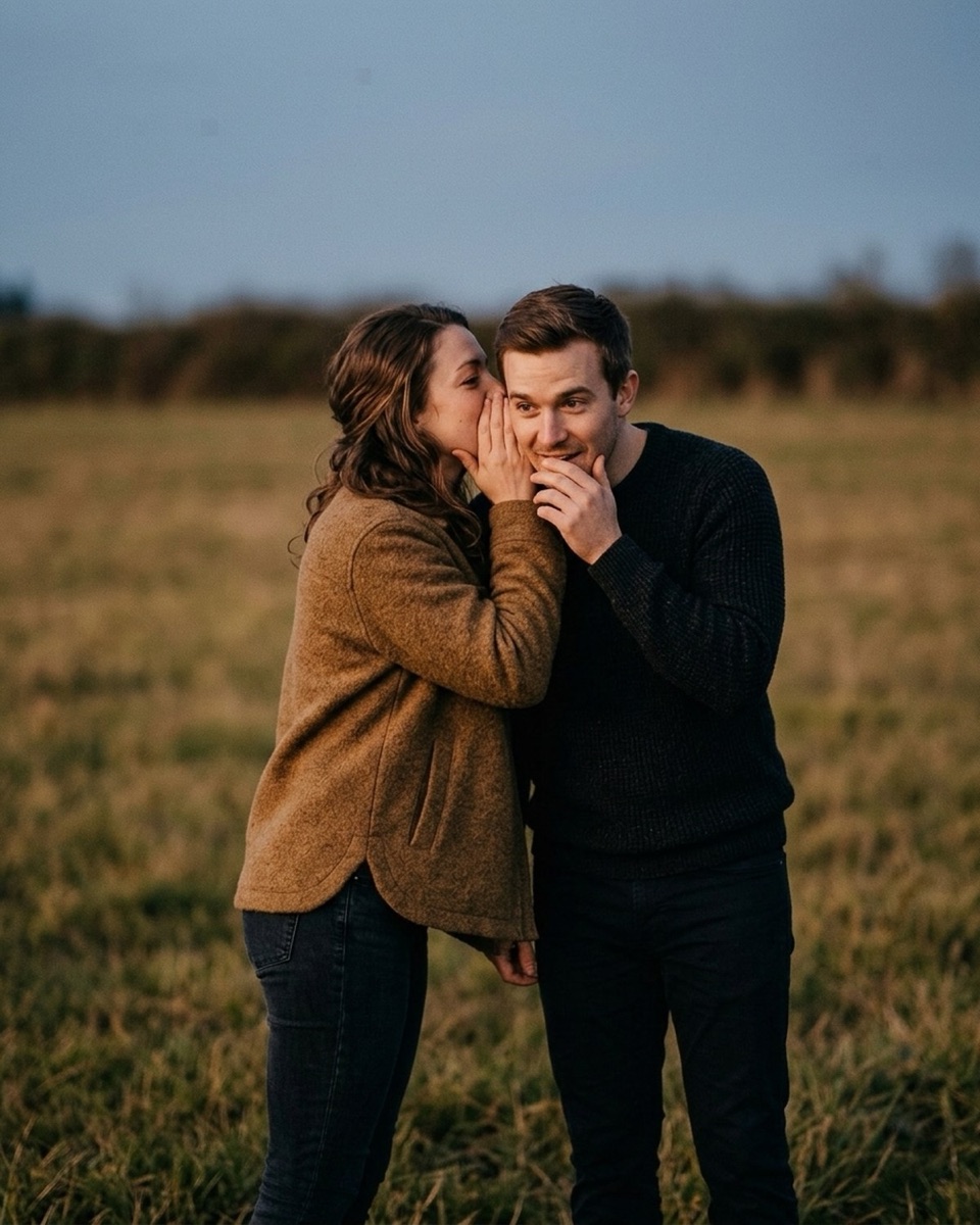 One partner whispering into the other's ear while both smile