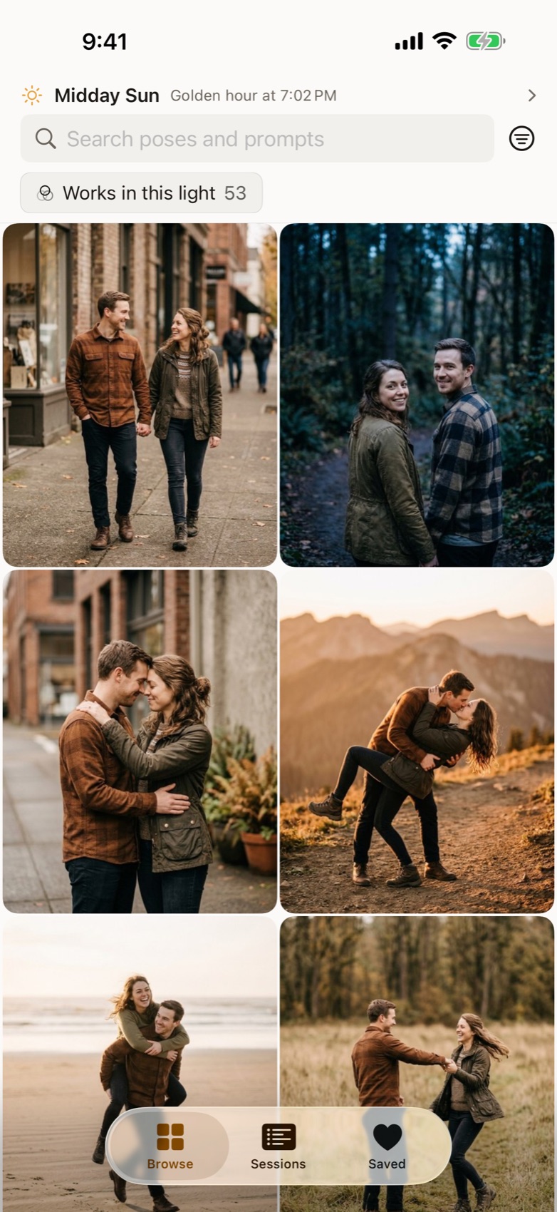 Prompted browse grid showing couple poses filtered to golden hour light