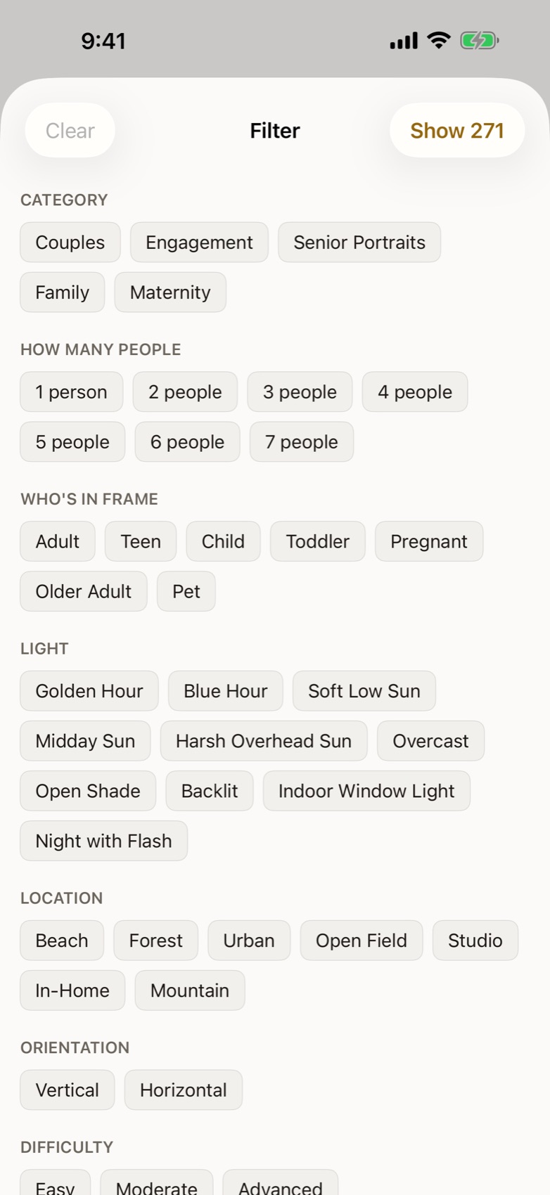 Filter sheet with category, subject count, location, orientation, difficulty and accessibility options