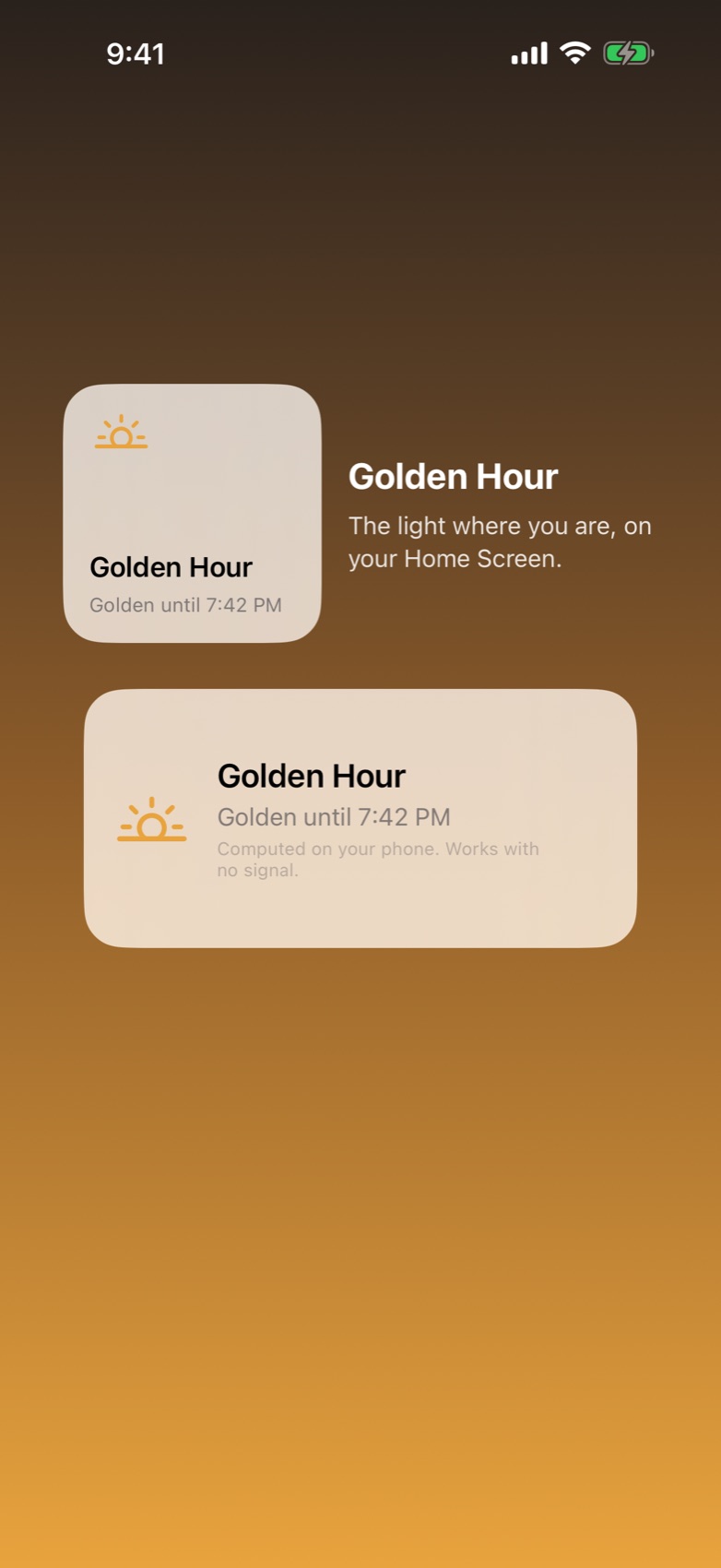 Prompted Golden Hour widget on the Home Screen reading Golden until 7:42 PM, computed on your phone