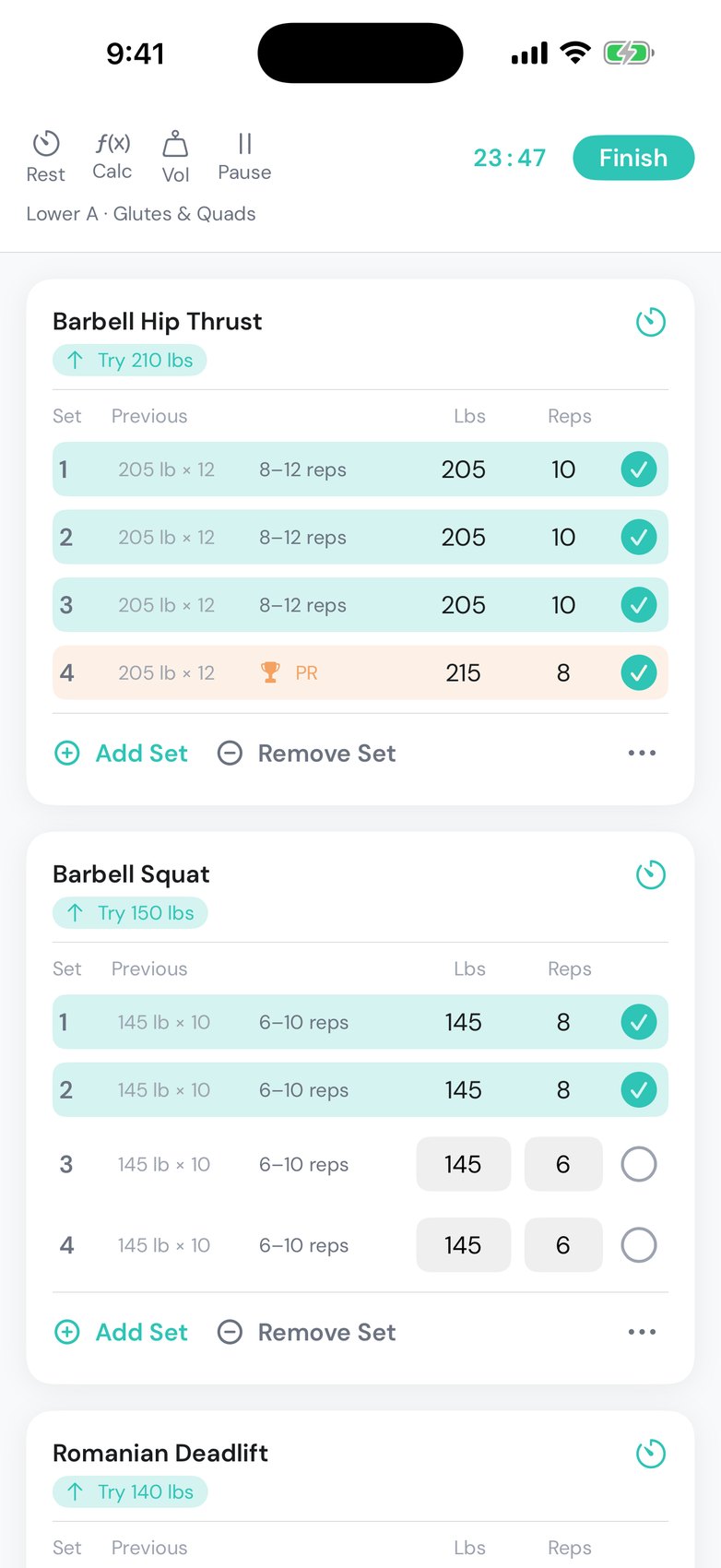 Active session with each set showing last session's weight and reps, a Try 210 lbs suggestion, and checked-off sets