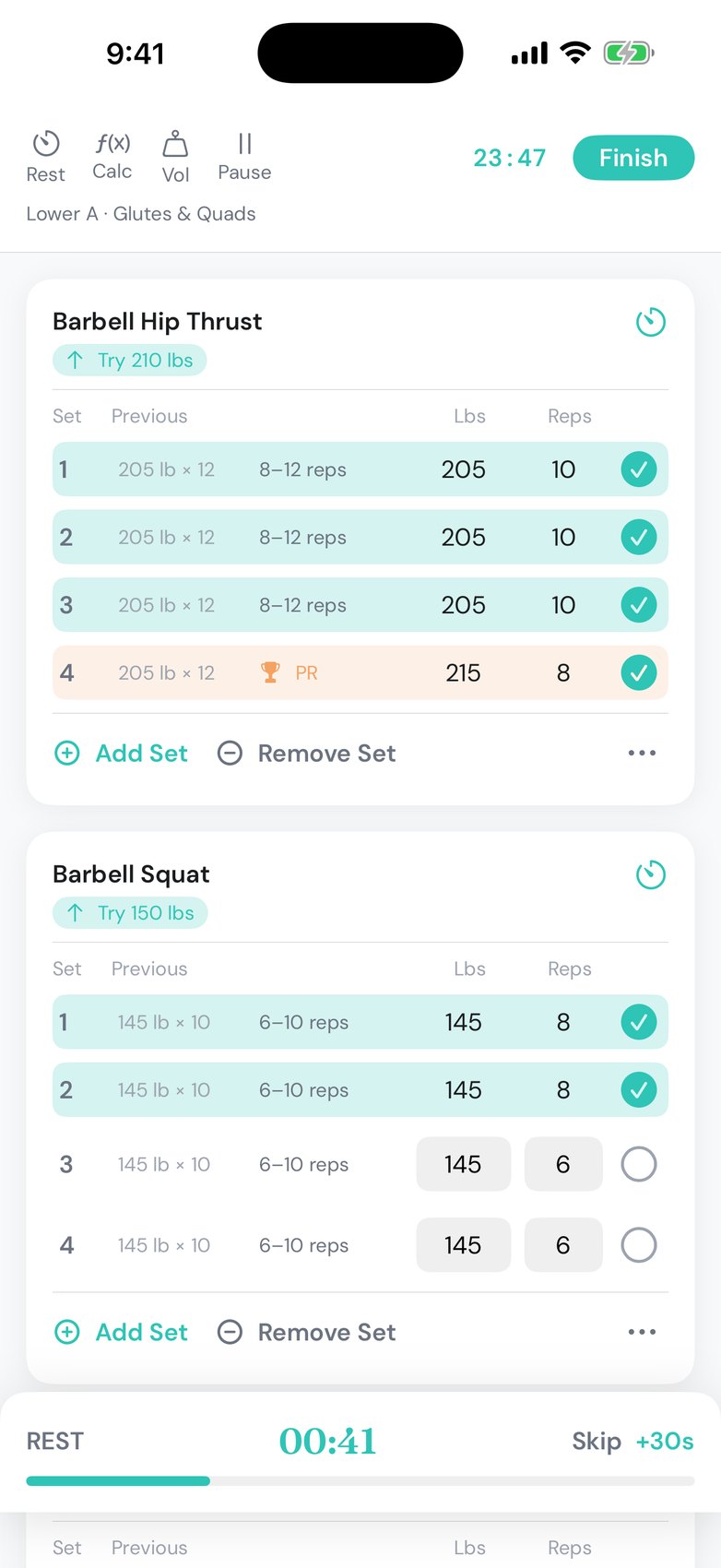 Rest timer banner counting down 42 seconds with Skip and +30s controls