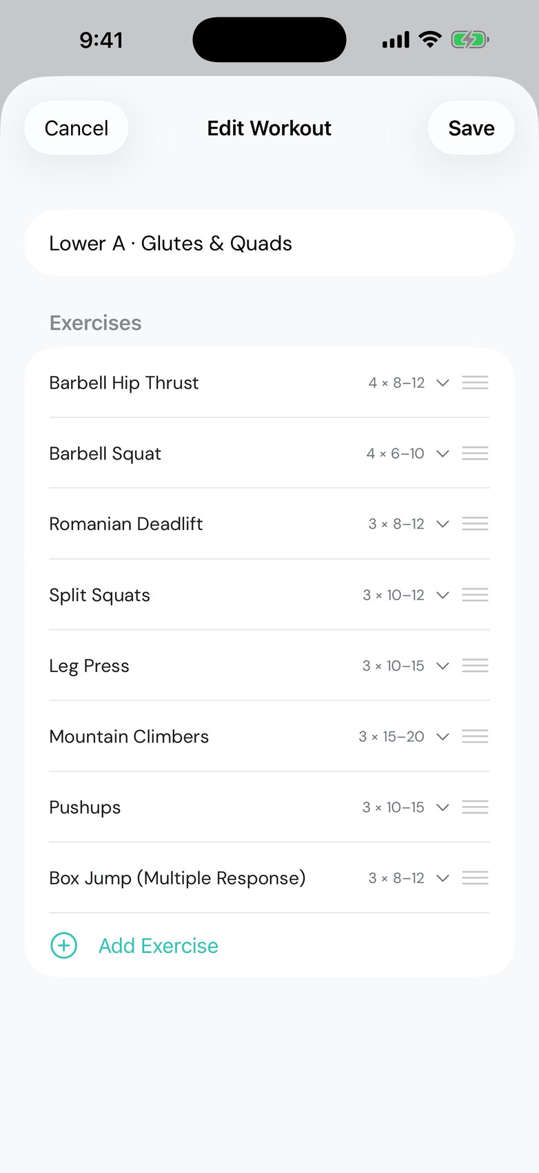 Workout builder with strength exercises and HIIT finishers